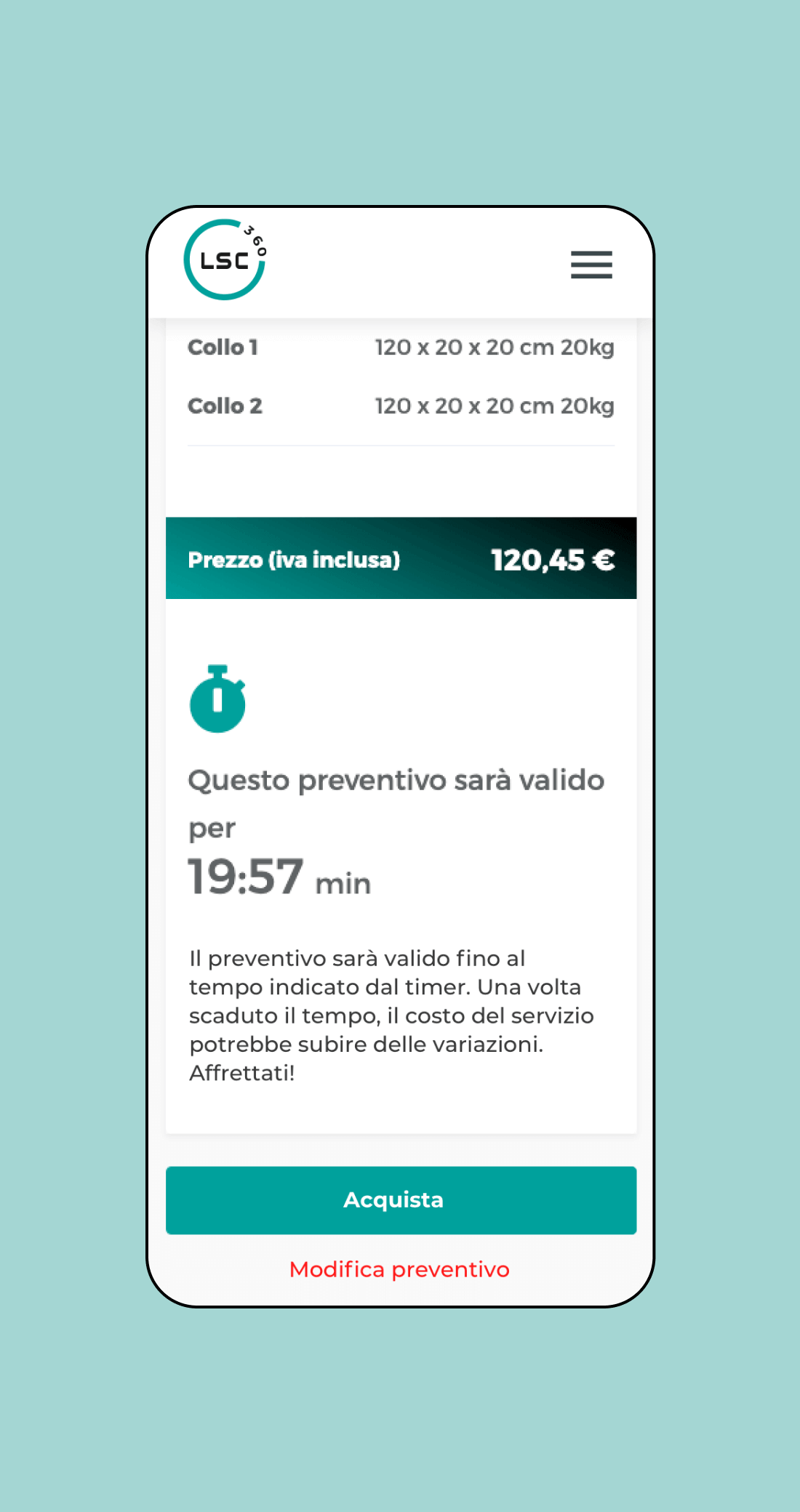 Mockup progetto LSC360: schermata di acquisto versione mobile