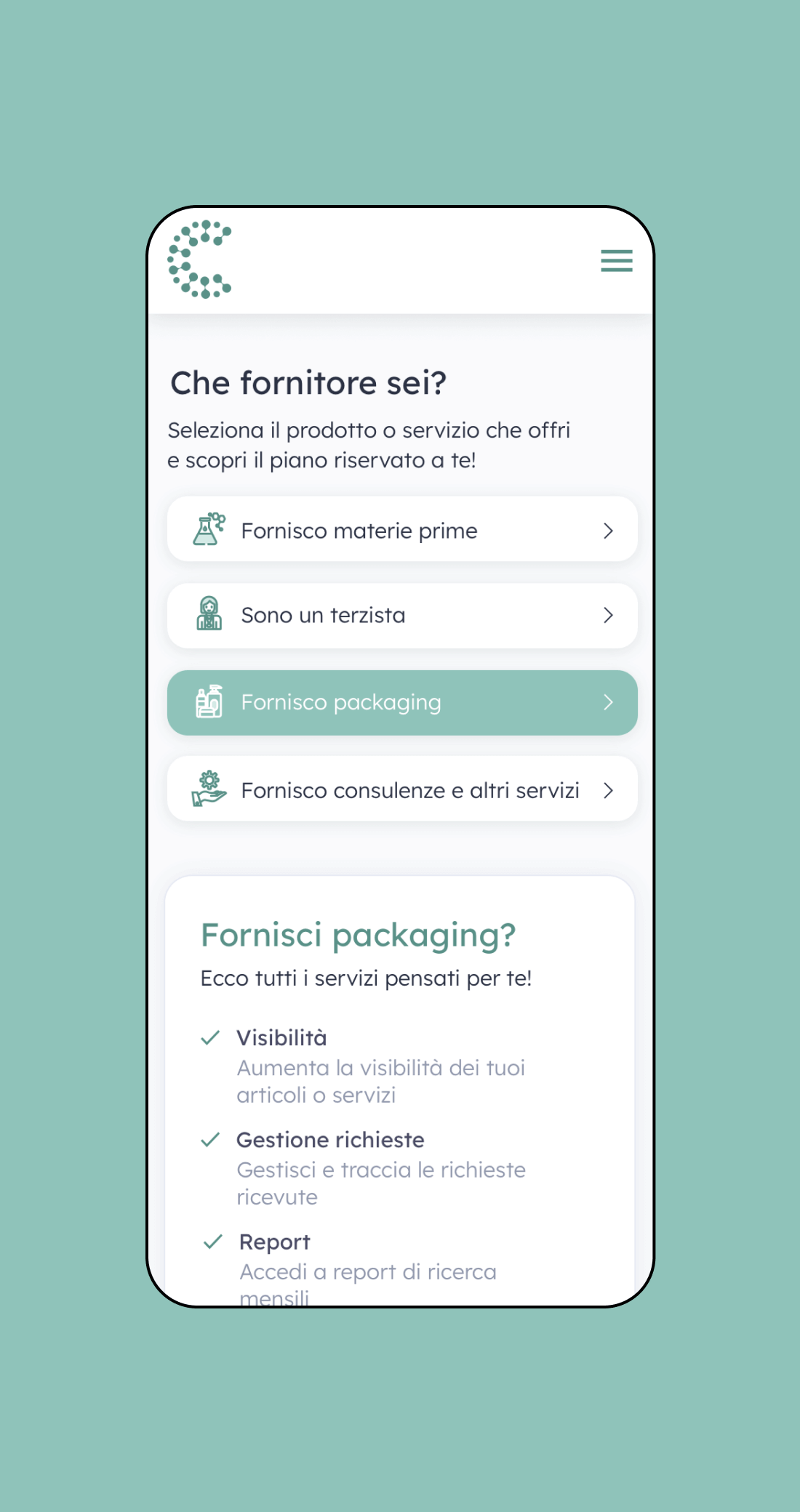 Mockup progetto Cosmetitrovo: pagina fornitori versione mobile