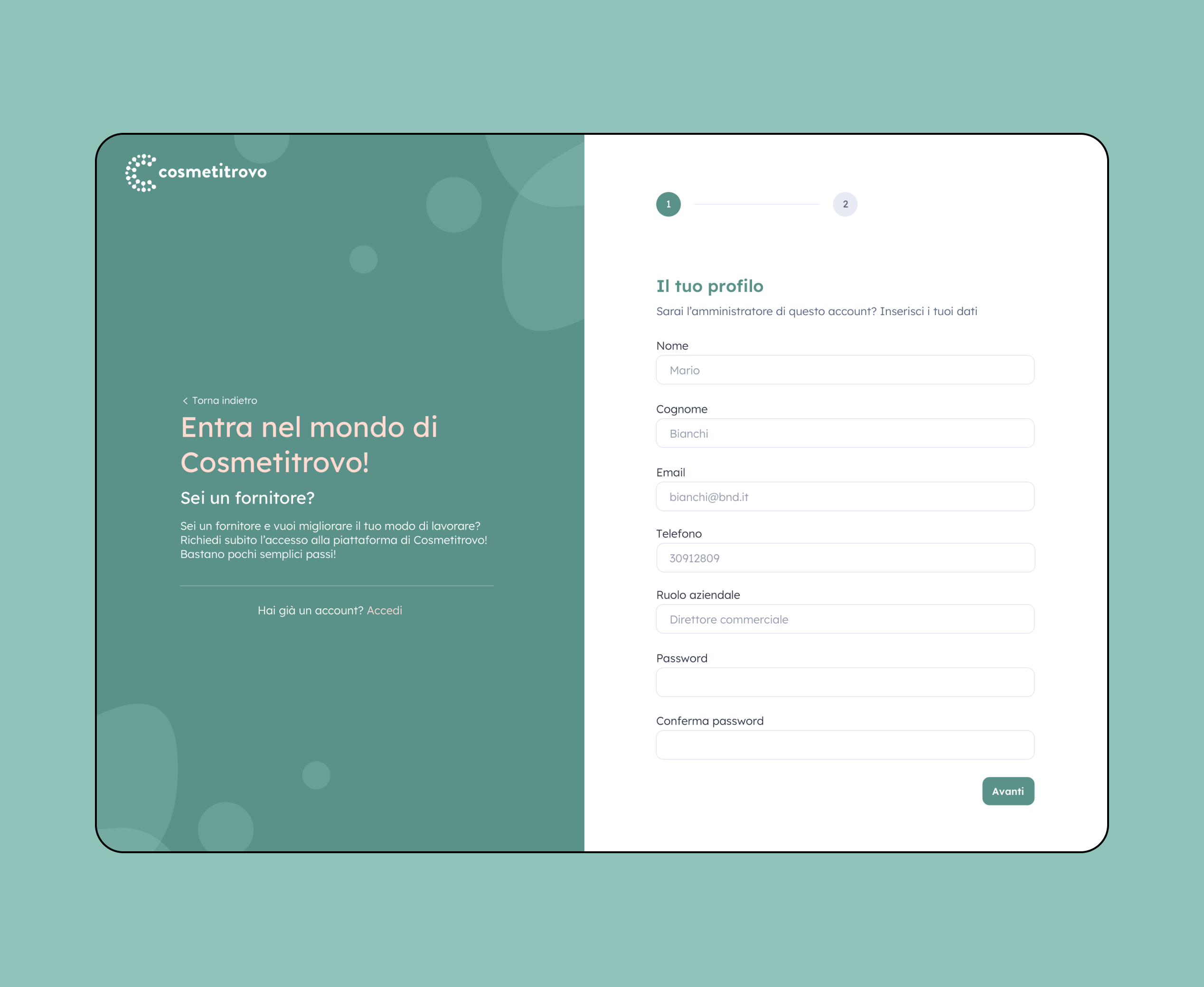 Mockup progetto Cosmetitrovo: registrazione