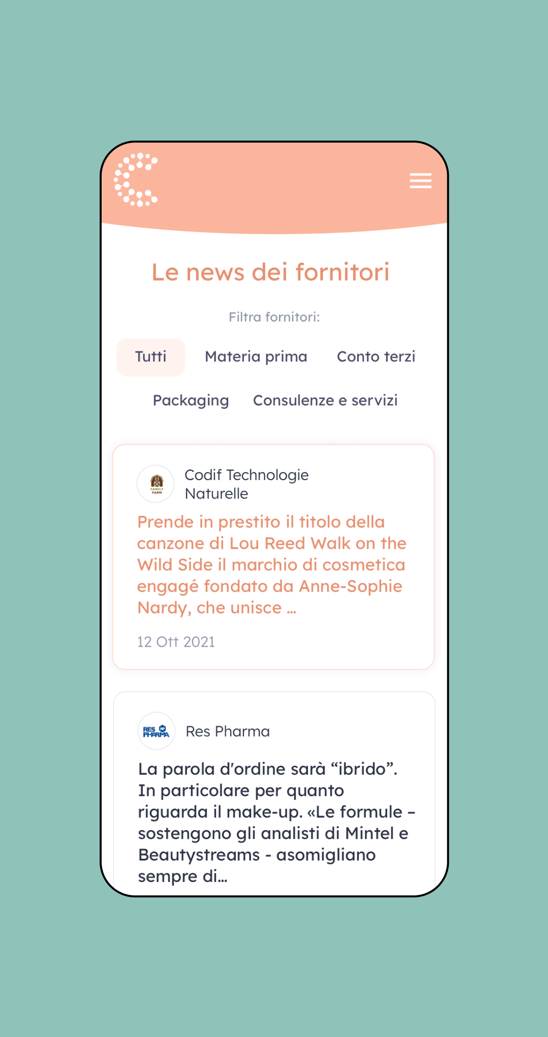 Mockup progetto Cosmetitrovo: news fornitori versione mobile
