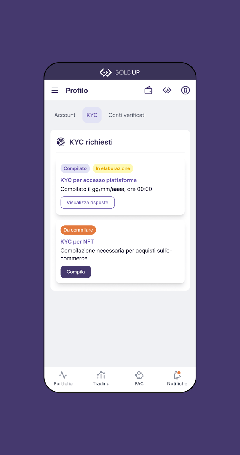 Mockup che raffigura la schermata Profilo KYC dell'app Goldup - Versione mobile