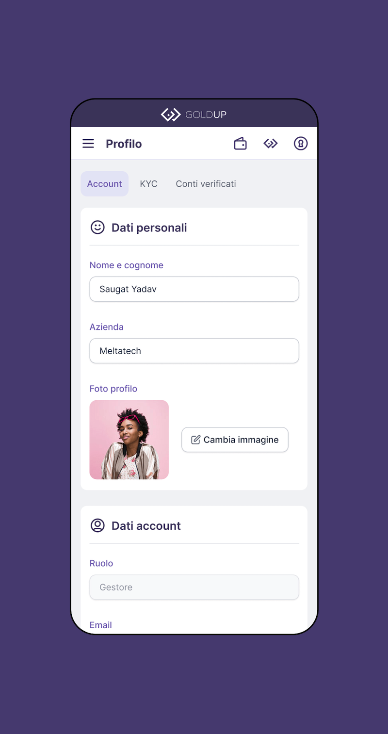 Mockup che raffigura la schermata Profilo utente dell'app Goldup - Versione mobile
