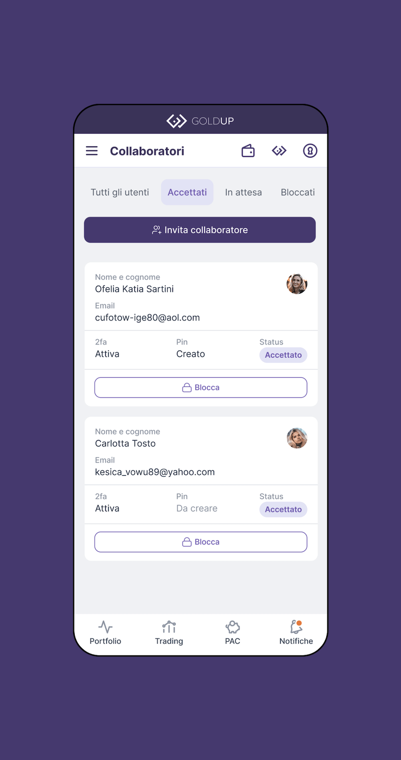 Mockup che raffigura la schermata Collaboratori dell'app Goldup - Versione mobile