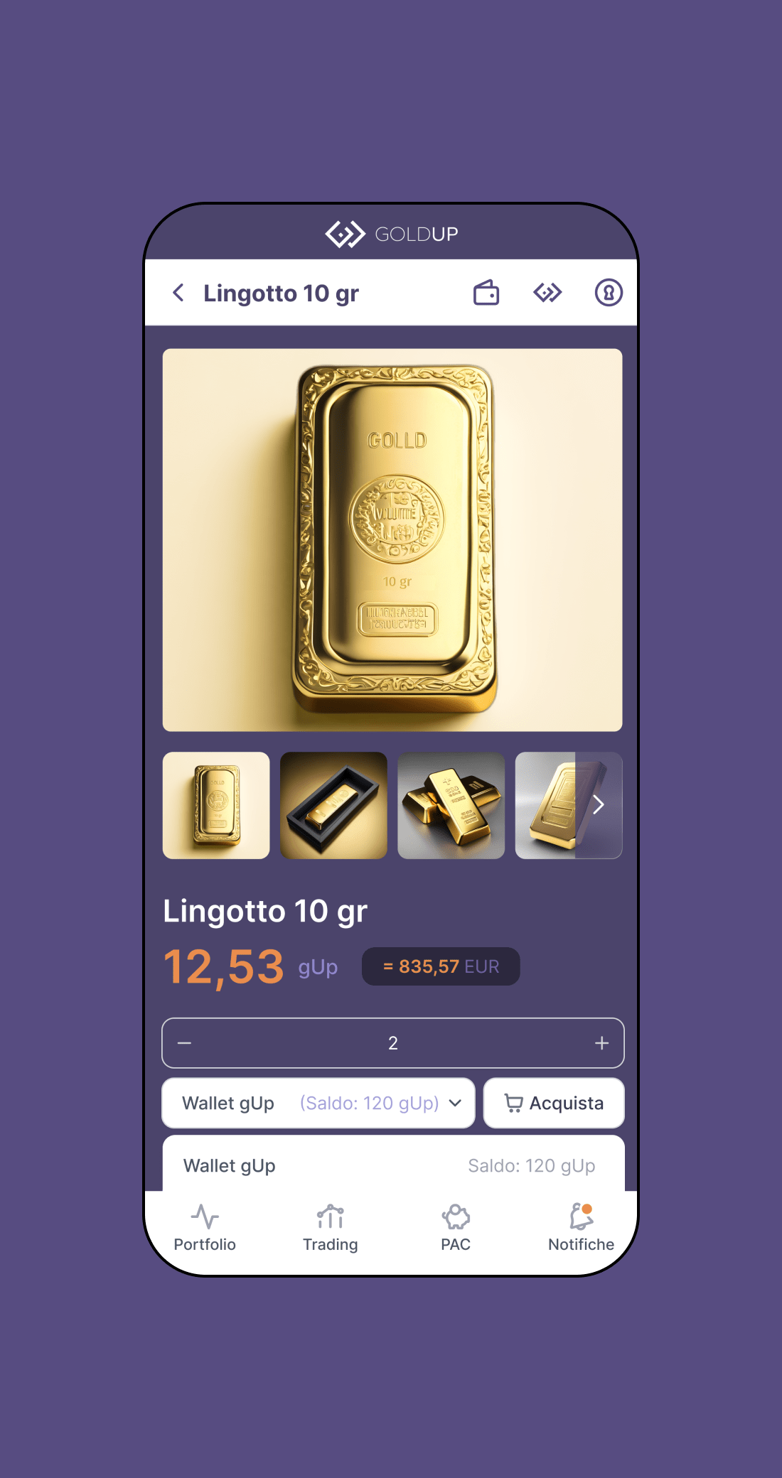 Mockup che raffigura la schermata Lingotto d'oro dell'app Goldup - Versione mobile