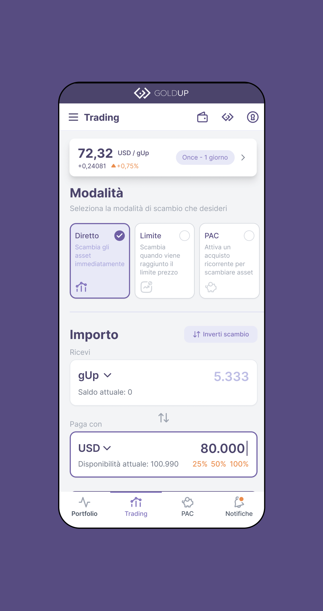 Mockup che raffigura la schermata Trading dell'app Goldup - Versione mobile