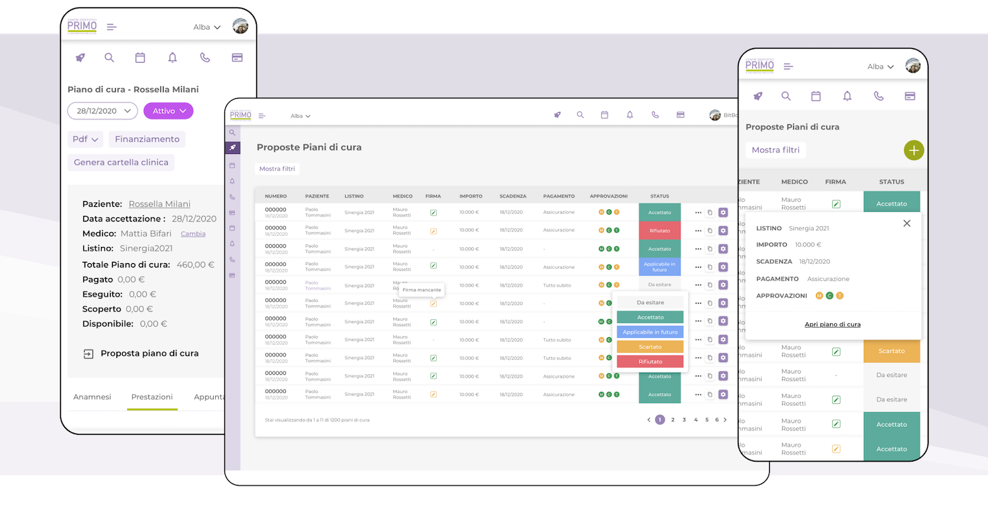 Mockup progetto PrimoUp: proposte piani di cura