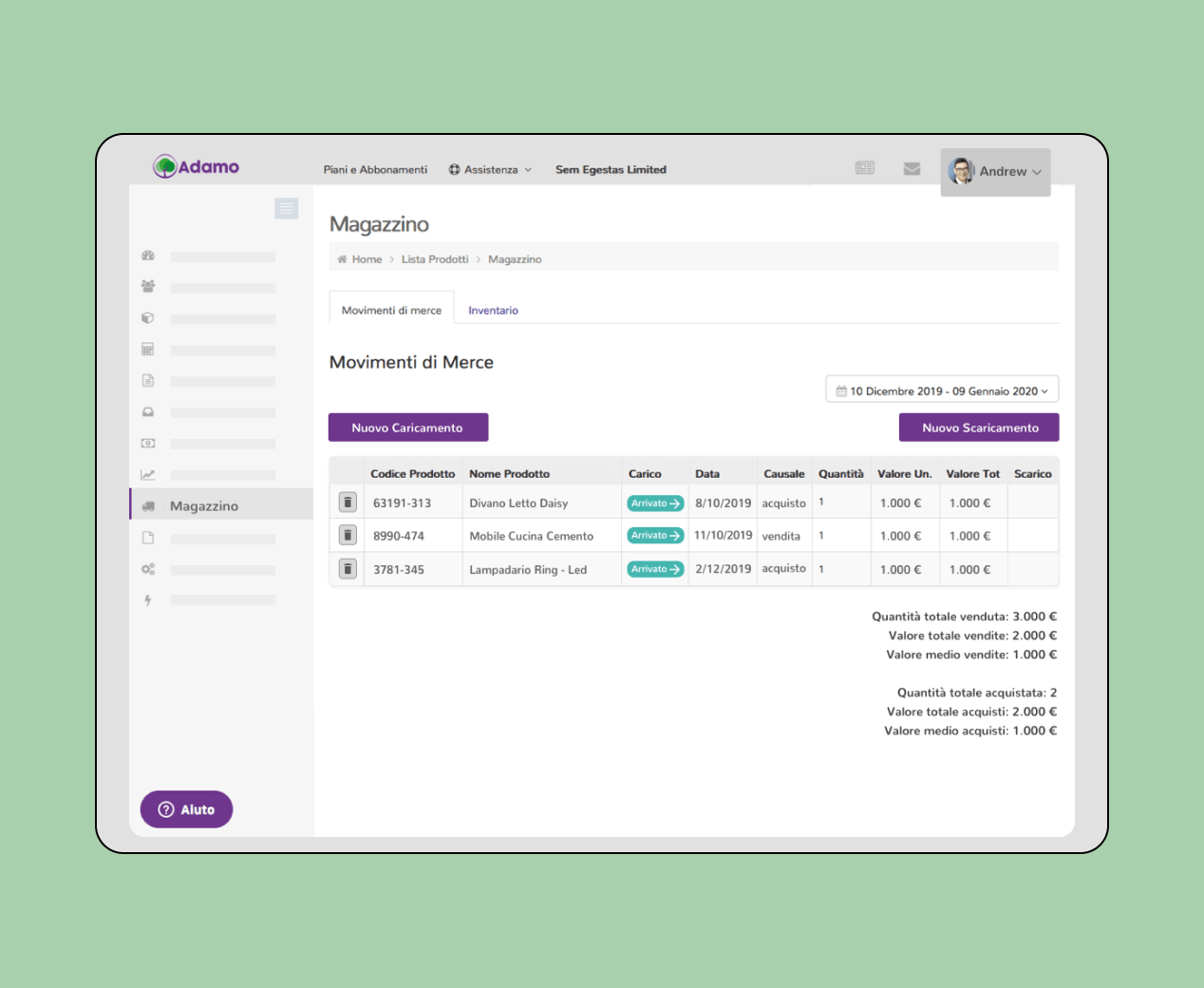 Mockup progetto Adamo: Dashboard magazzino