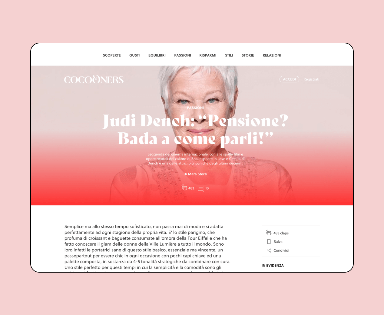 Mockup progetto Cocooners: articolo desktop