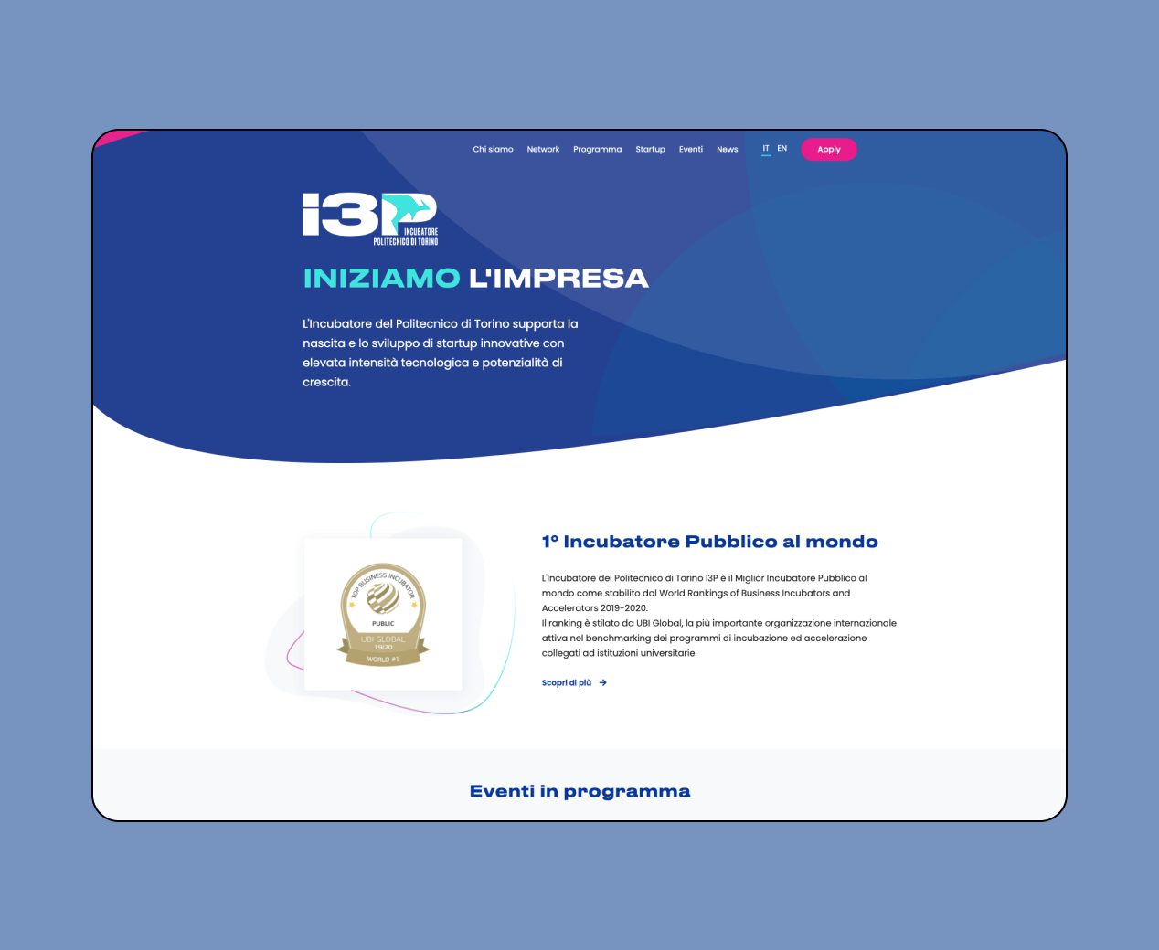 Mockup progetto I3p: home versione desktop