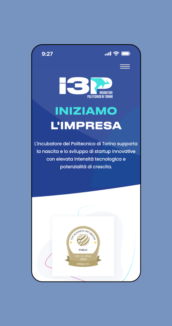 Mockup progetto I3p: Iniziamo l'impresa versione mobile