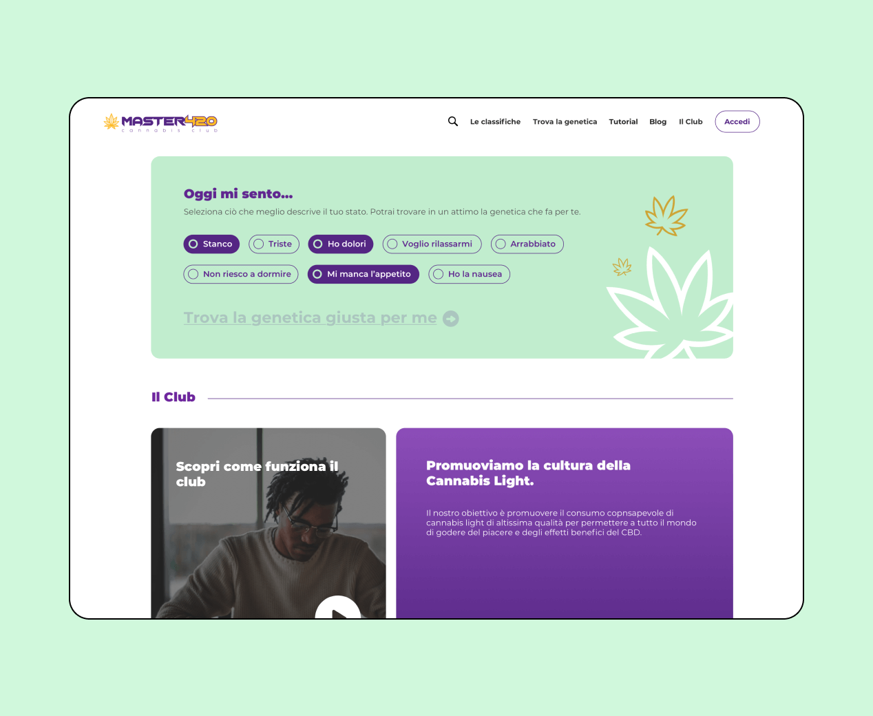 Mockup progetto Master420: Trova le genetiche