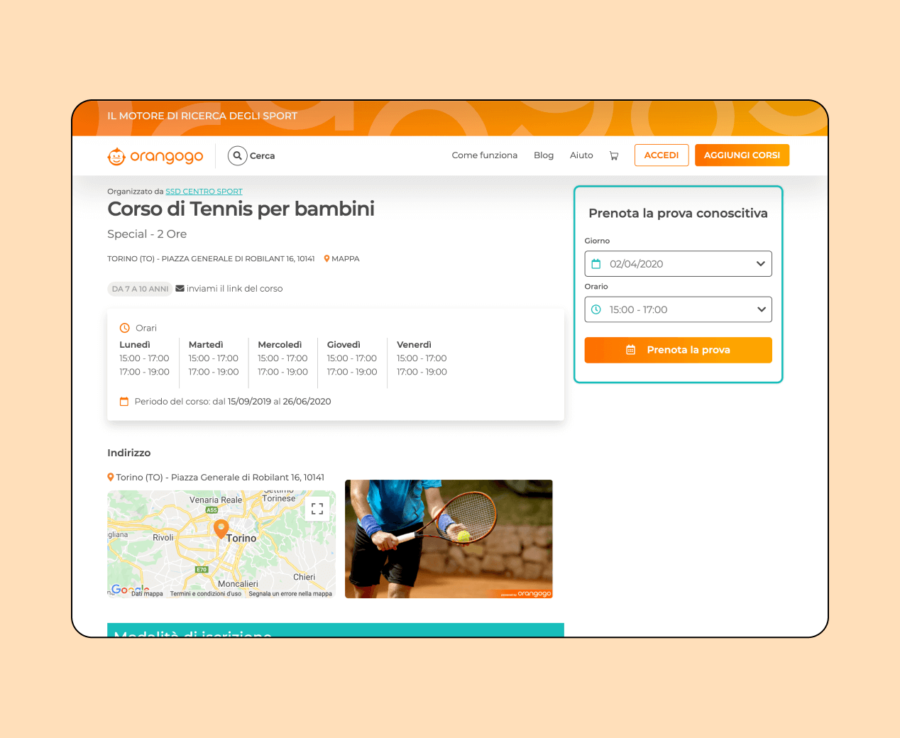 Mockup progetto Orangogo: pagina di prenotazione