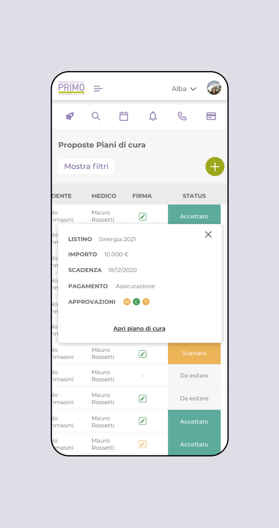 Mockup progetto PrimoUp: proposte piani di cura versione mobile
