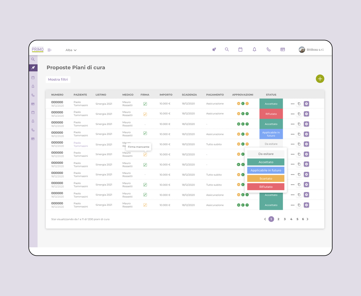 Mockup progetto PrimoUp: proposte piano di cura