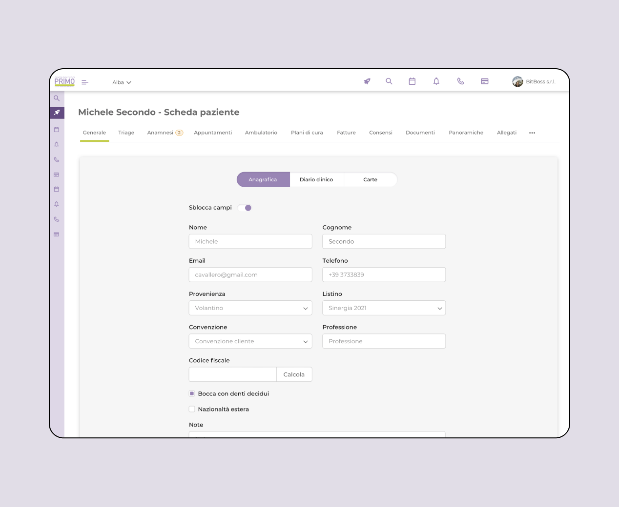 Mockup progetto PrimoUp: scheda paziente