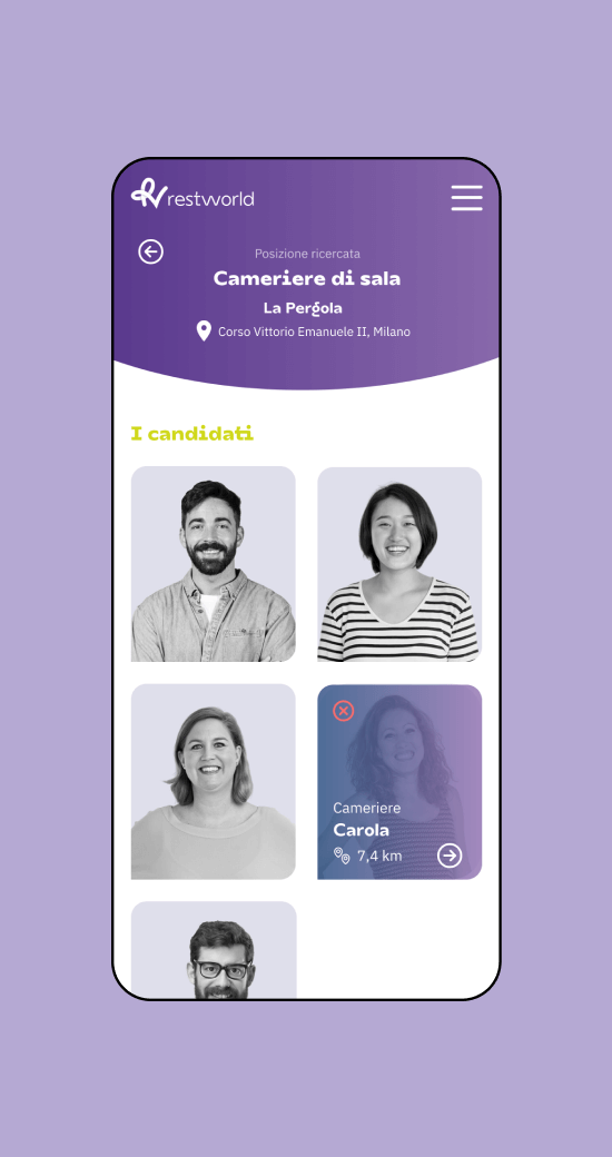 Mockup progetto Restworld: Candidati versione mobile