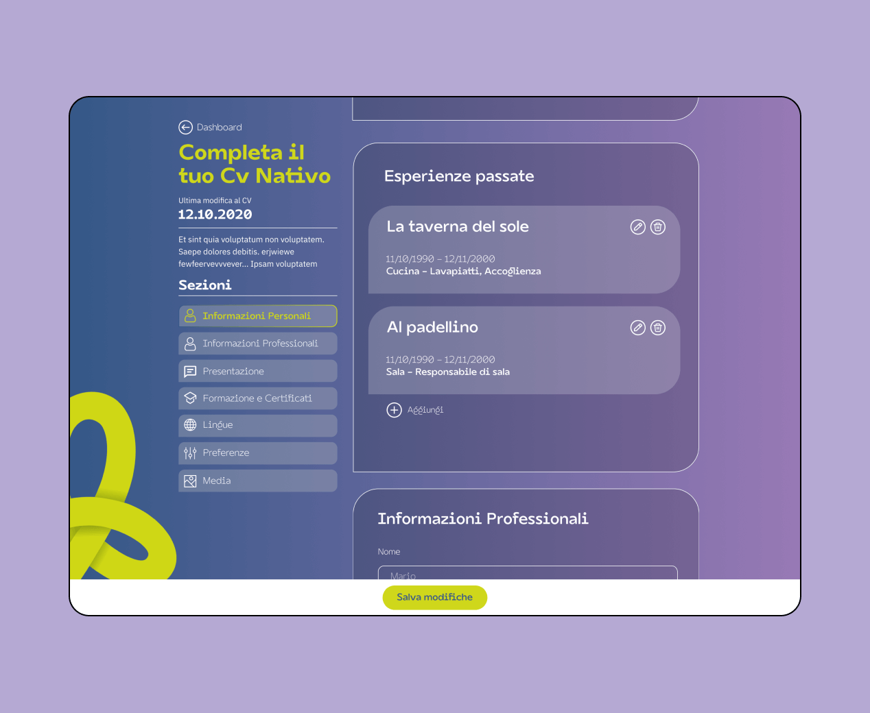 Mockup progetto Restworld: completa il CV nativo