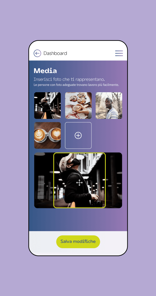 Mockup progetto Restworld: media dell'utente versione mobile