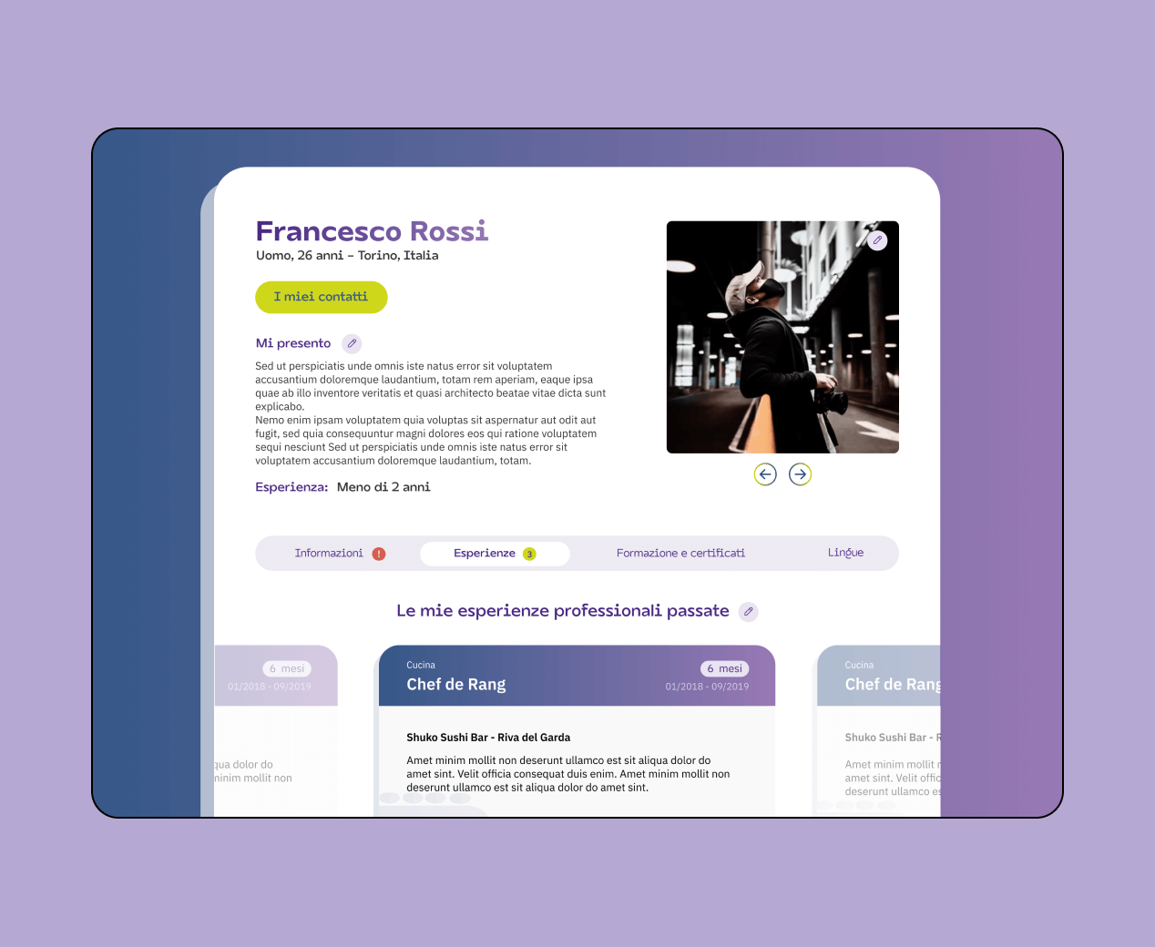 Mockup progetto Restworld: profilo CV nativo