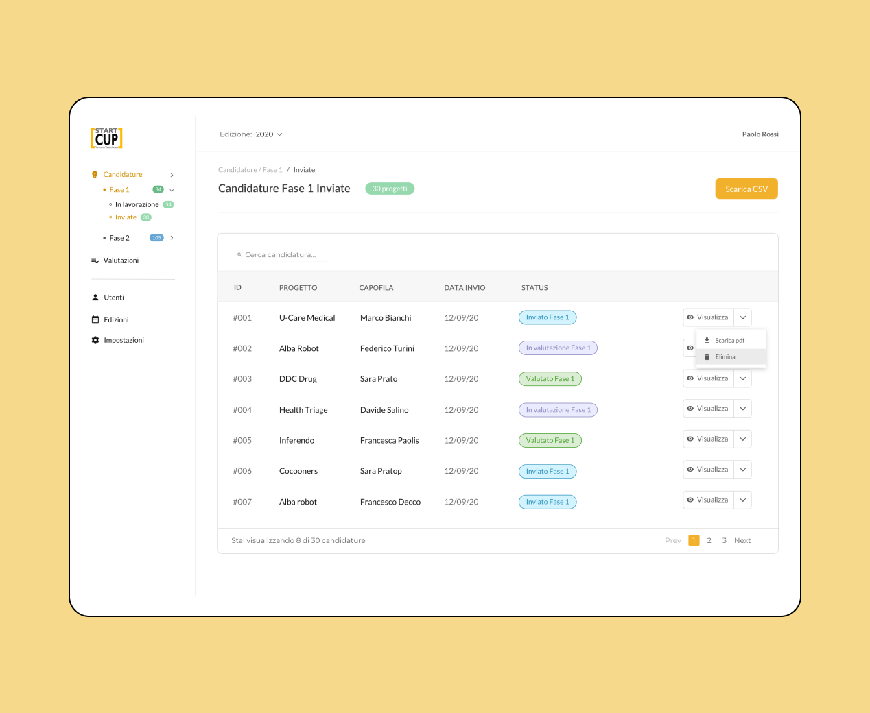 Mockup progetto Startcup: schermata candidature