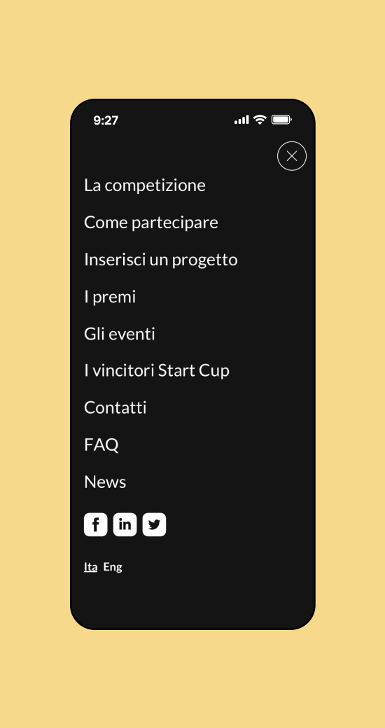 Mockup progetto Startcup: menu versione mobile