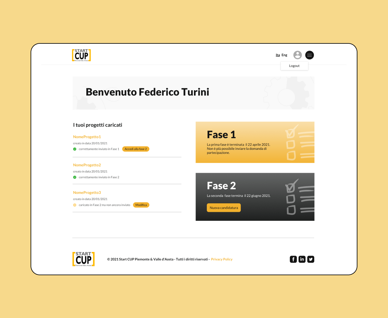 Mockup progetto Startcup: Progetti caricati