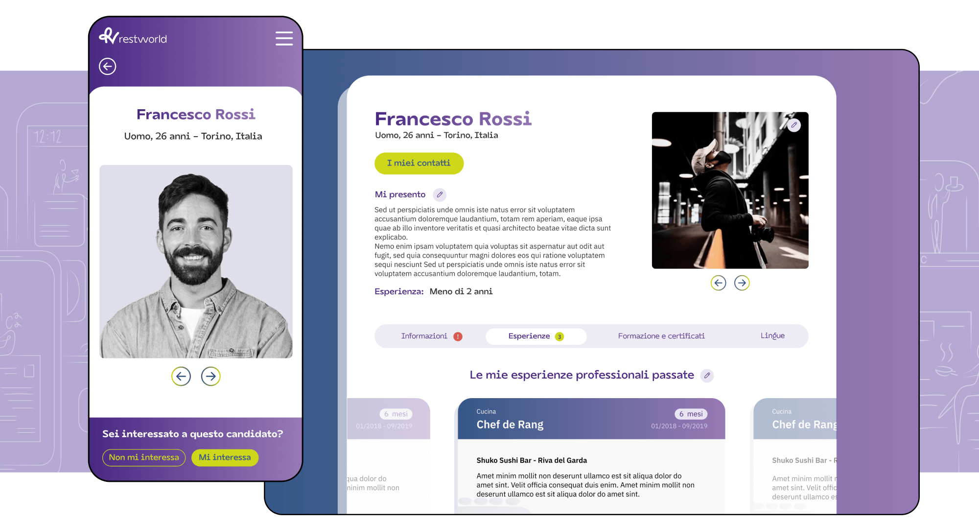 Mockup progetto Restworld: schermate profilo utente