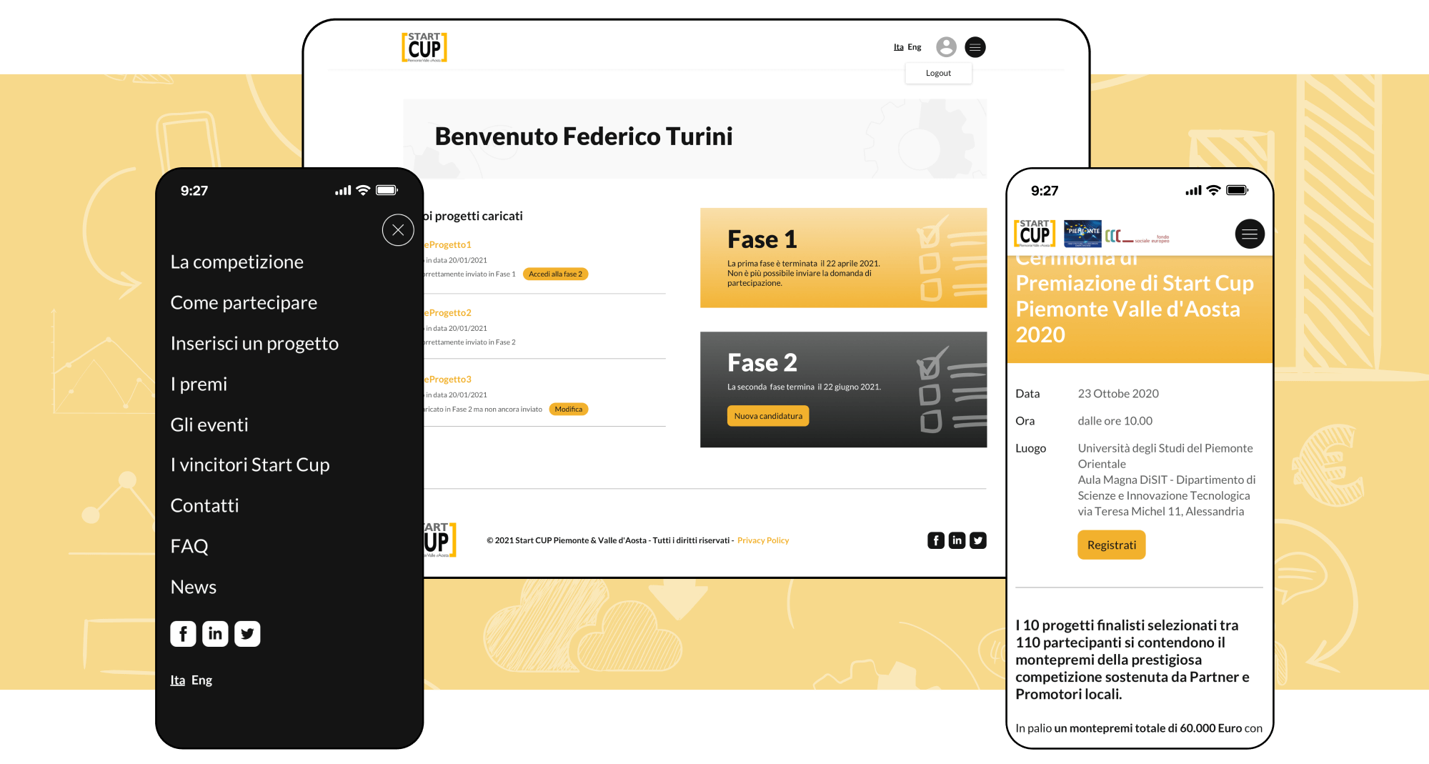 Mockup progetto Startcup: schermate desktop e mobile
