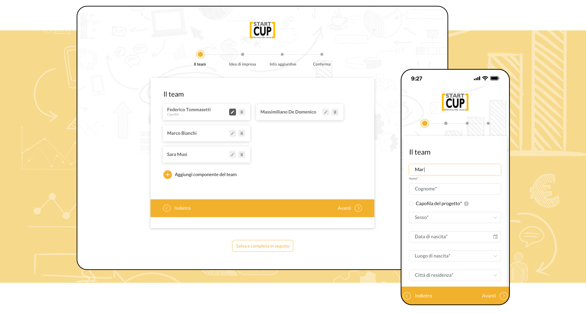 Mockup progetto Startcup: schermate desktop e mobile