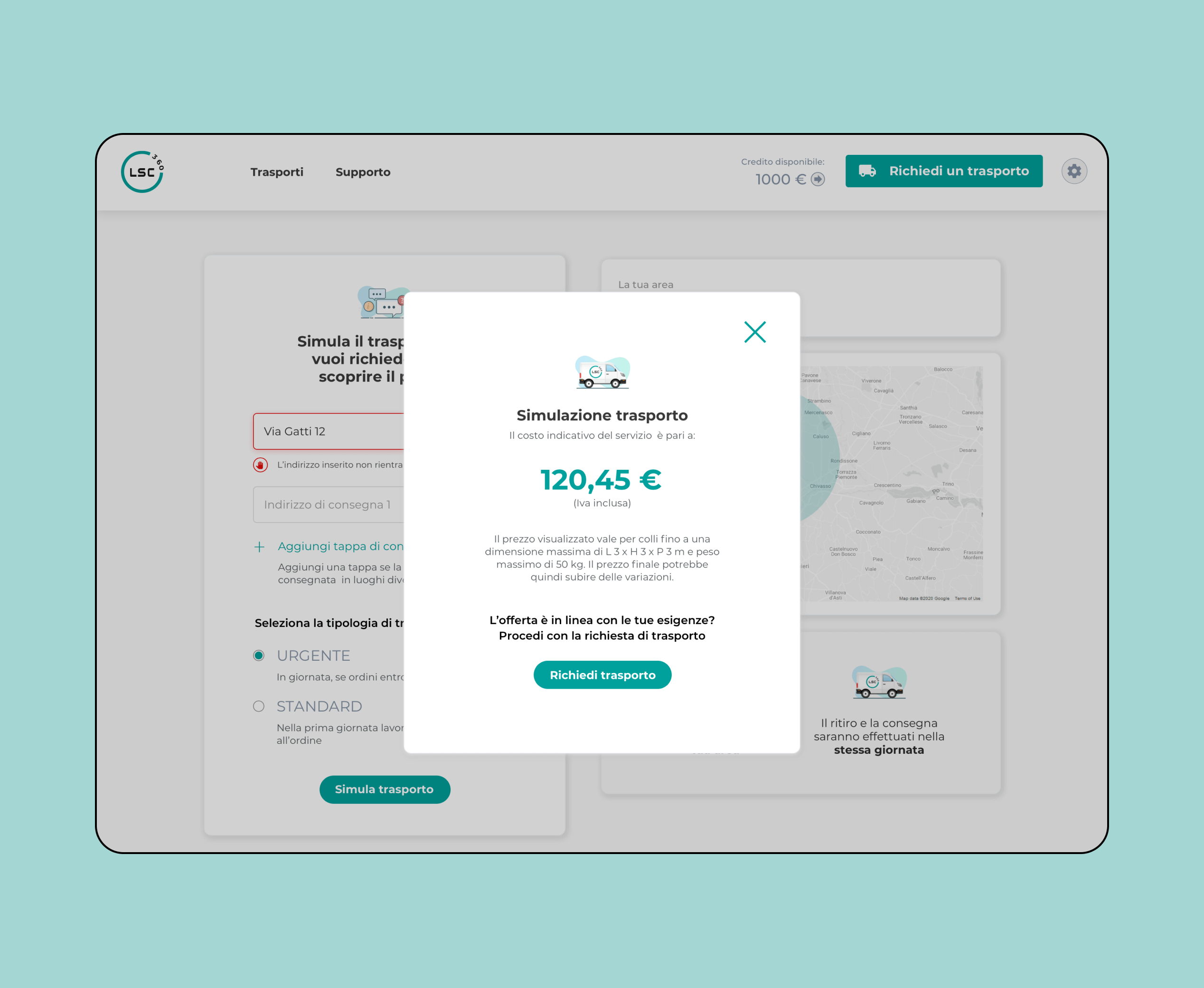 Mockup progetto LSC360: Simulazione trasporto