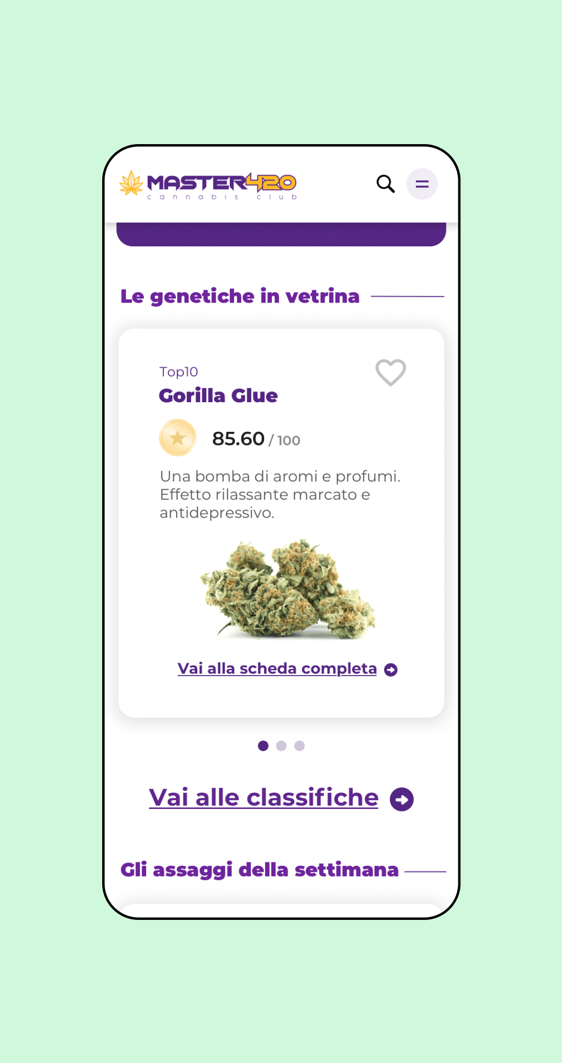 Mockup progetto Master420: vetrina versione mobile