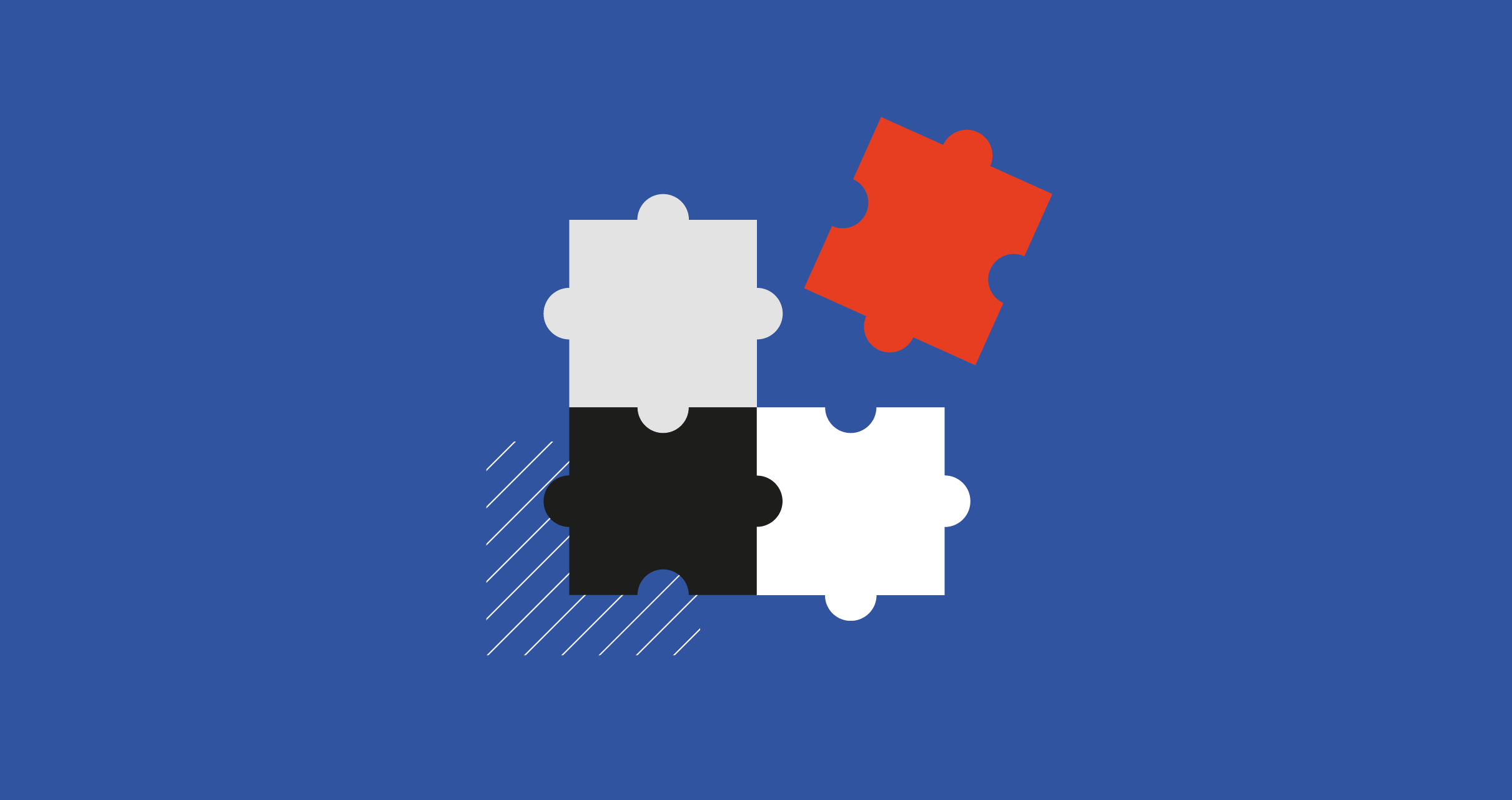 Team di sviluppo: tasselli di puzzle che si incastrano su sfondo blu