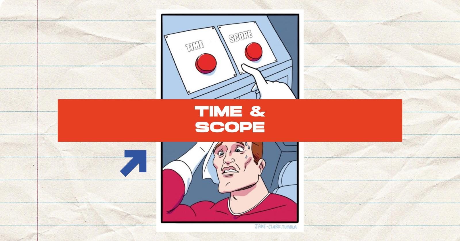 Meme con due pulsanti rossi e scritta: Time & Scope